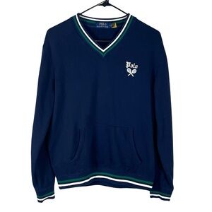 Polo Ralph Lauren striped trim fleece v neck tennis embroidered sweatshirt M